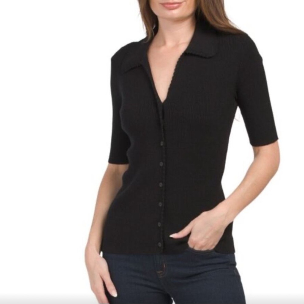 Elie Tahari Ribbed Collared Short Sleeve Cardigan Sweater Black S